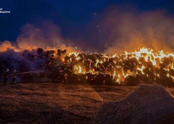 На Бориспільщині майже вісім годин гасили масштабну пожежу тюків соломи
