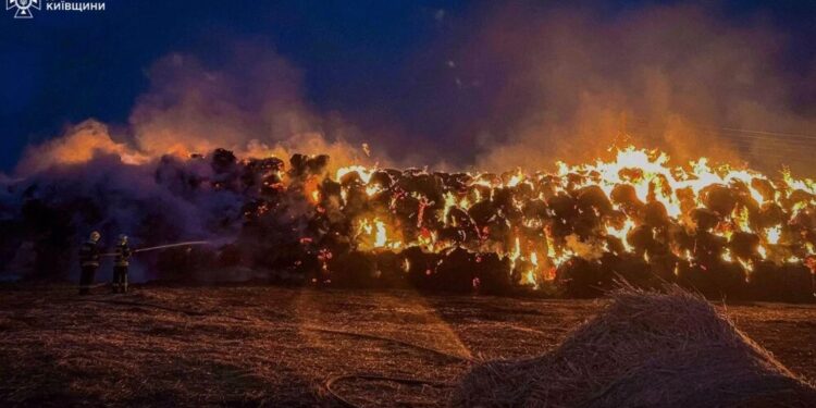 На Бориспільщині майже вісім годин гасили масштабну пожежу тюків соломи